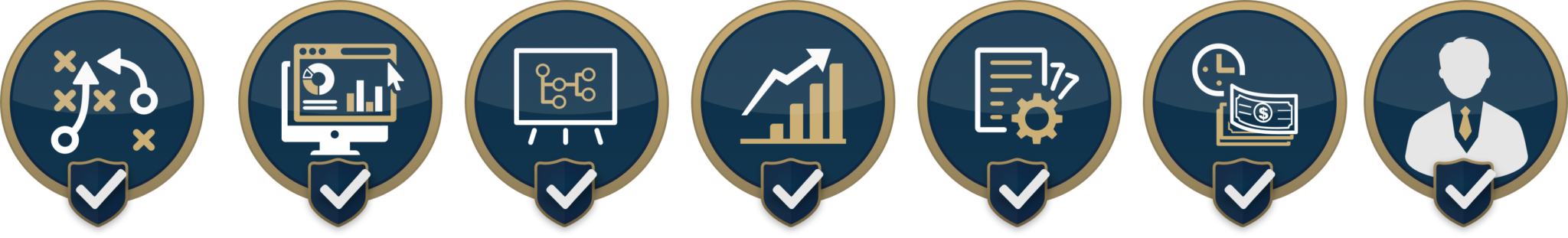 A row of seven gold ringed service icons